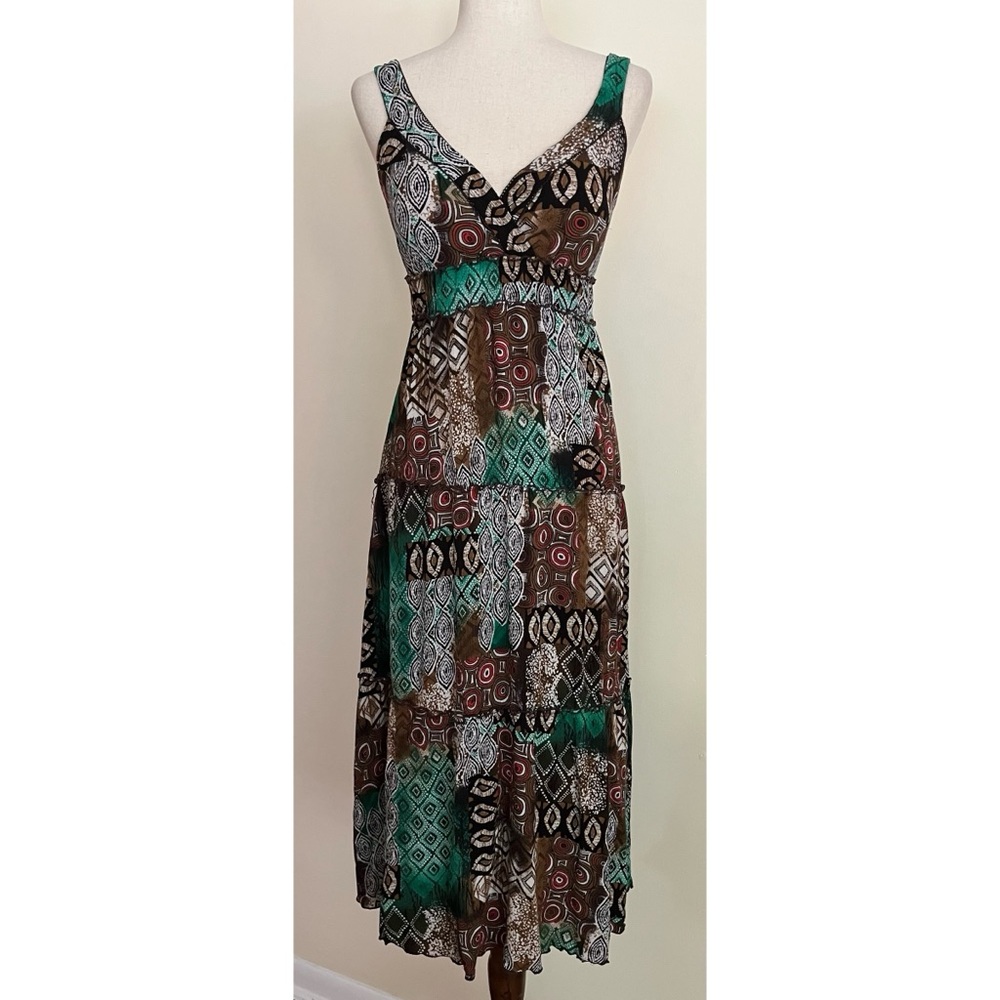 Vintage 90s Y2K Tiki Ethnic Print Sundress Stretch Tiered Midi Size M Festival